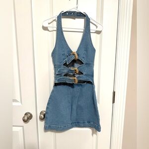 Commense Blue Denim Halter Dress with Gold Buckles